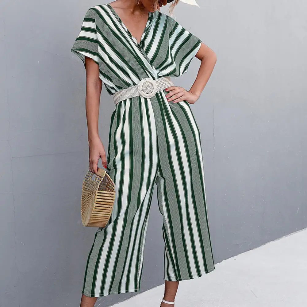 

Stripe Printing V Neck Tight Waist Summer Jumpsuit Trendy Elastic Waists Lady Jumpsuit Loose Deep CrotchJumpsuit for Dating