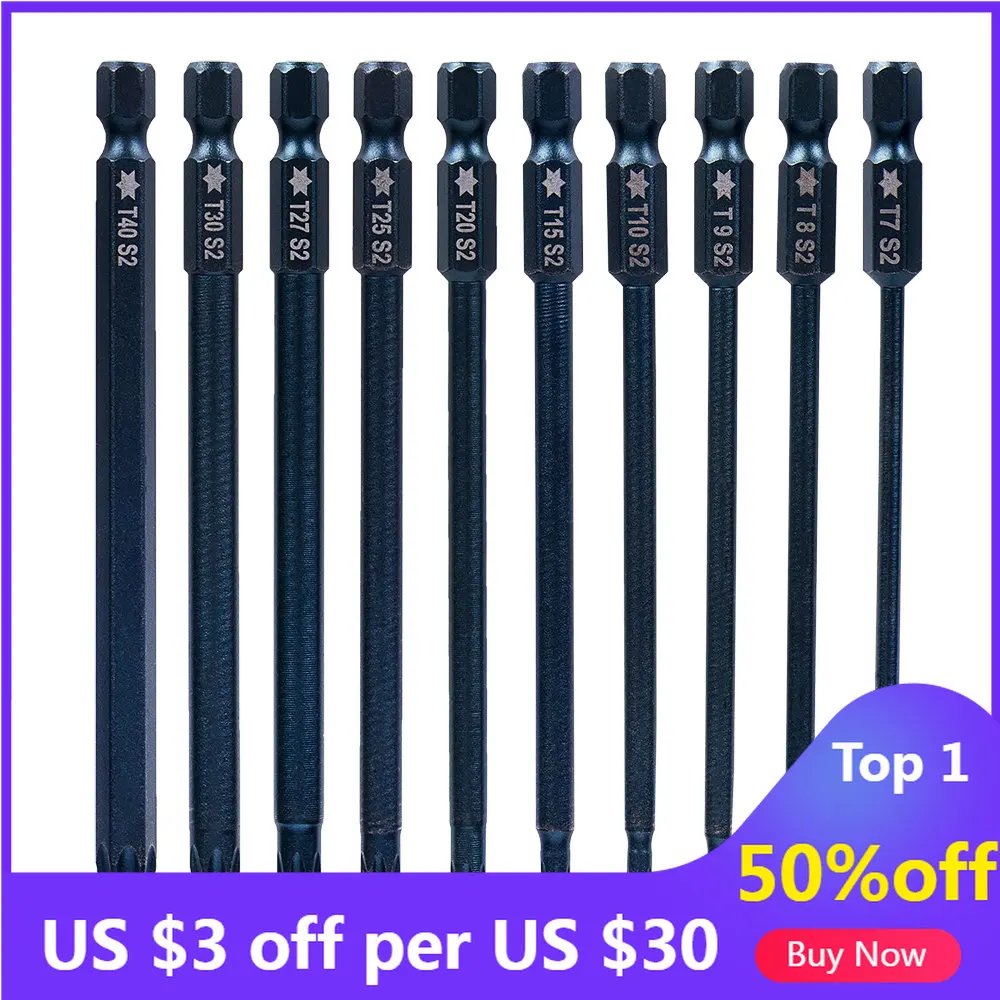 10pcs T7-T40 Magnetic Torx Screwdriver Bits 1/4 Inch Hex Ele