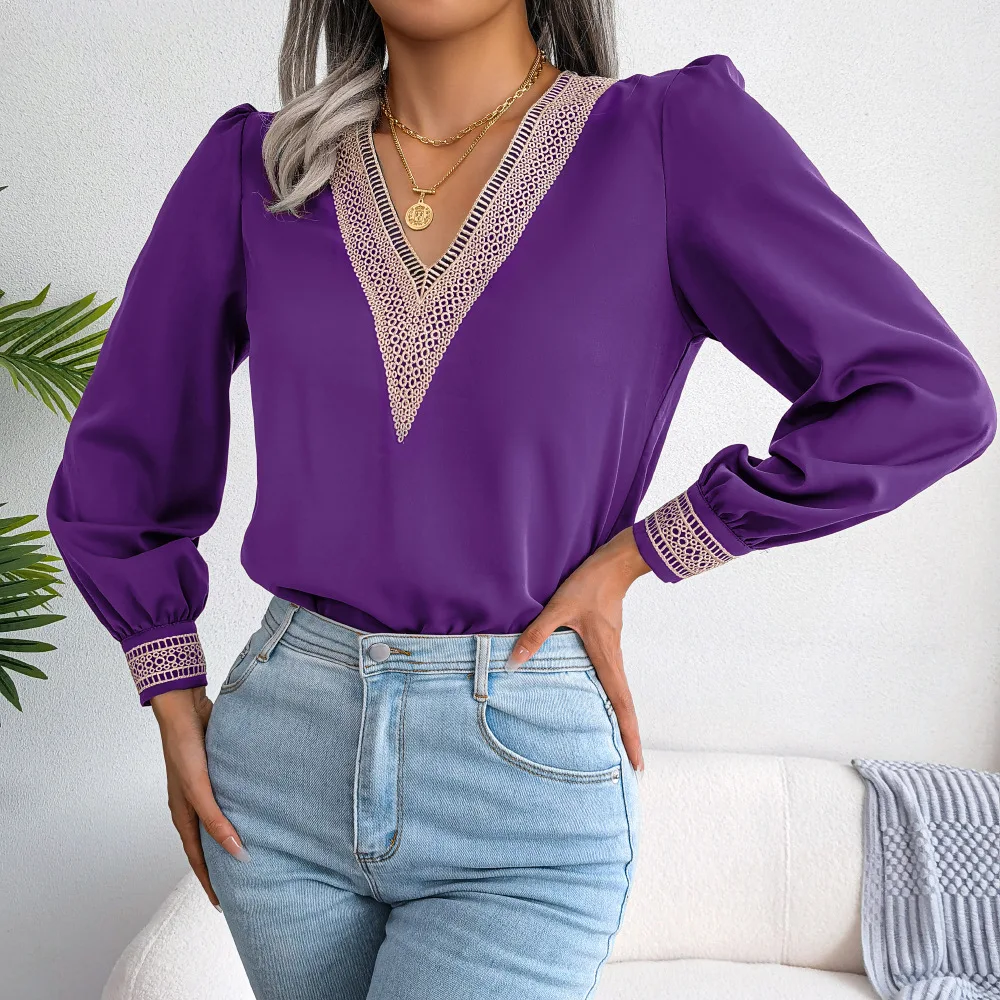 

Bmissingyou Purple V-neck Summer Chiffon Shirt Women's Pullover Long-sleeved Loose Fits Female Casual Blouse Tops Bohemian