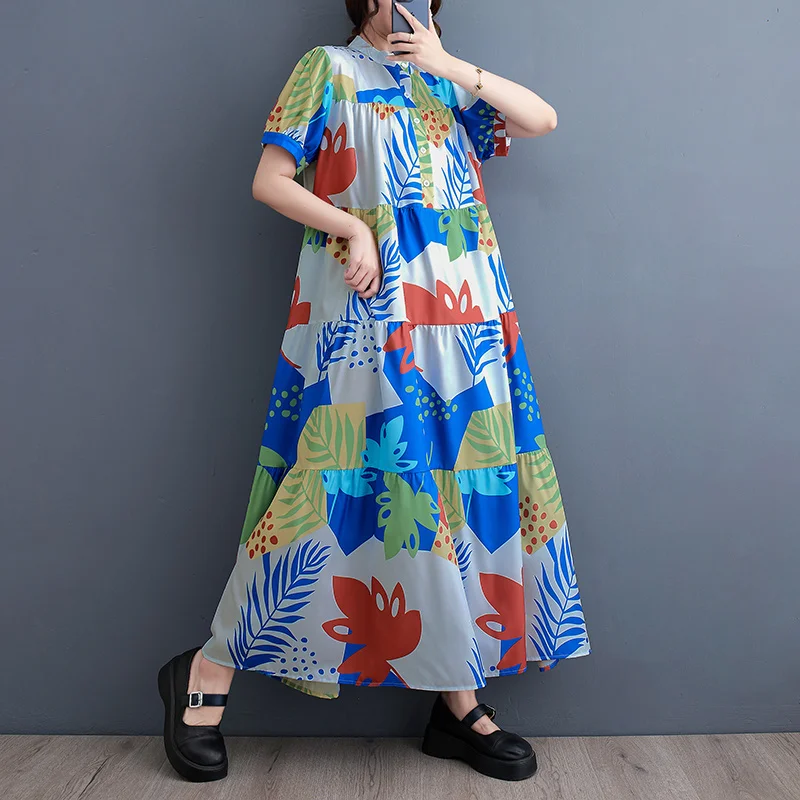 #3291 винтажное платье-рубашка с принтом коротким рукавом свободное разрезом