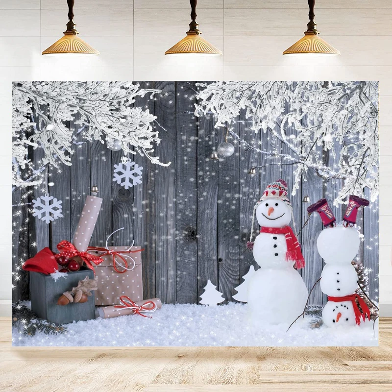 

Photography Backdrop Christmas Winter Snowman Santa Gift Wood Decoration Poster Xmas Eve Holiday Party Banner Background