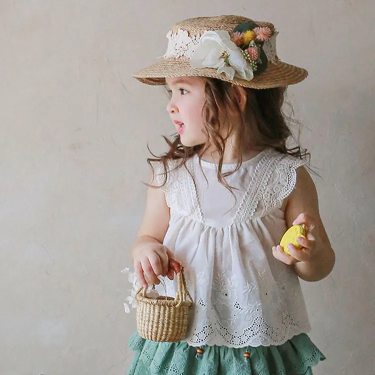 

Новинка лета 2022, милая Однотонная рубашка с кружевными краями для девочек, футболка без рукавов, топ, эксклюзивная одежда, простой стиль