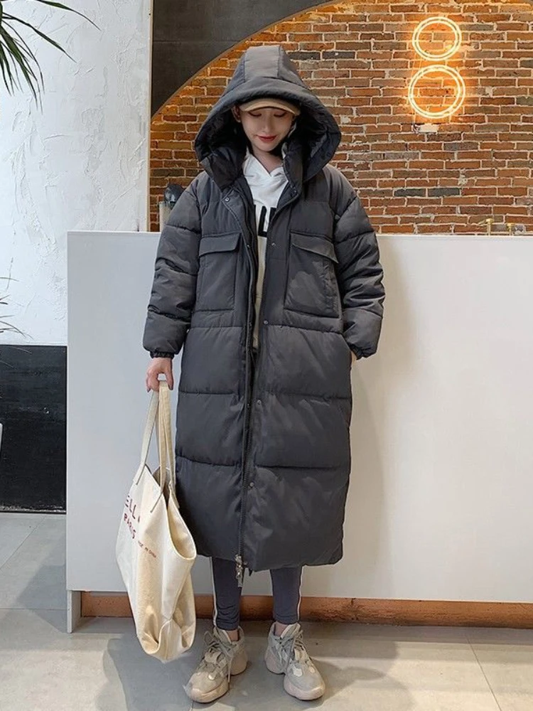 

Зимняя женская куртка-пуховик средней длины с капюшоном, свободная Толстая Женская однотонная куртка на молнии с подкладкой в Корейском стиле, верхняя одежда