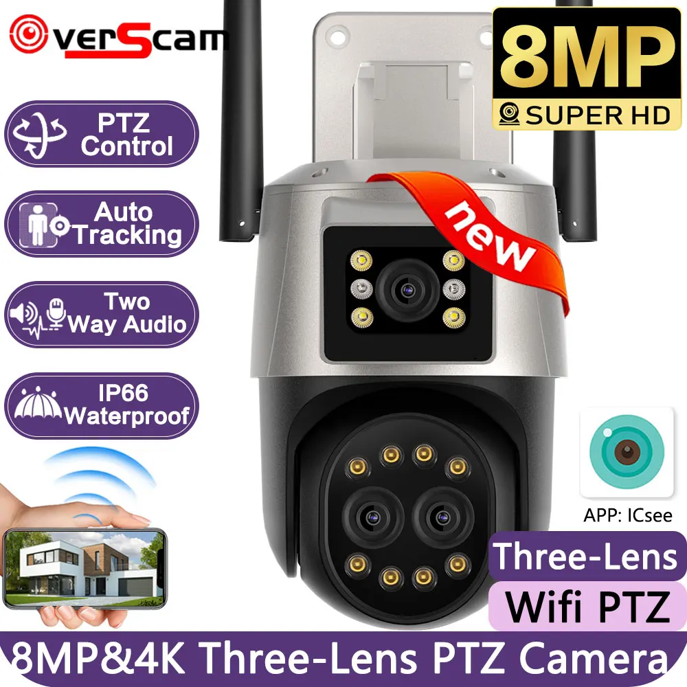 

8MP 4K IP Camera Wifi Outdoor Camera Three Lens 8X Zoom Ai Human Detect Auto Tracking Wifi Survalance Camera 360° Support iCSee