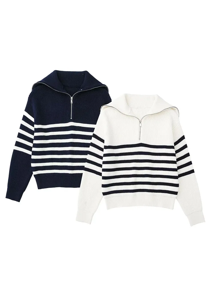 

Women 2022 New Fashion Half-zip striped wool-blend Knitted Sweater Vintage Long Sleeve Female Pullovers Chic Tops
