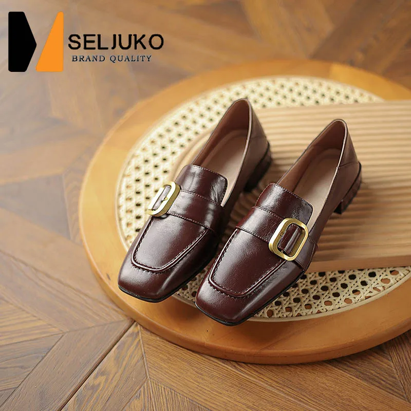 

British Style Full Leather Metal Square Buckle Loafers Casual Fashion 2022 Spring And Summer New Leather Low-Heeled Women's Shoe