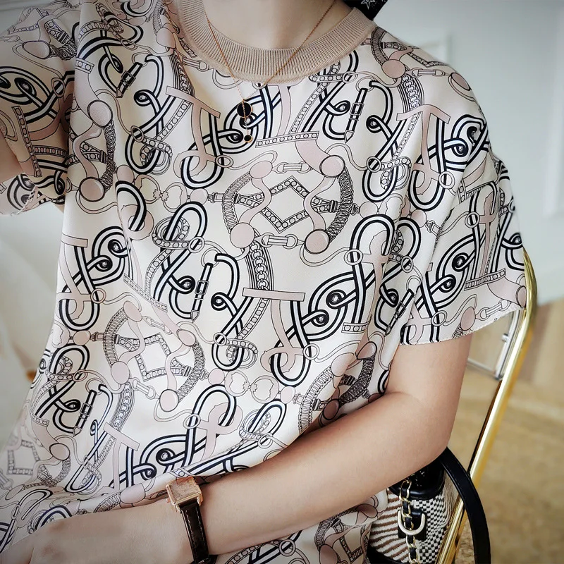 

Women's Silk T-shirt Retro Print Loose Round Neck Mulberry Silk Shirt 2022 Summer New