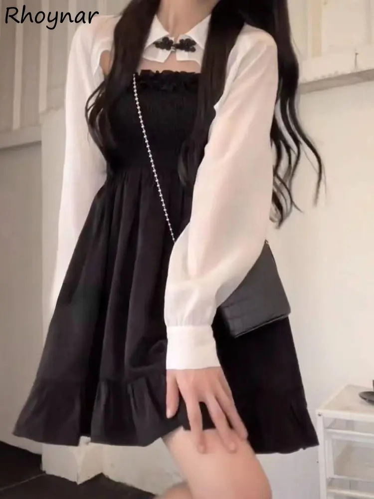 

Dress Sets Women Schoolgirl Spring Summer Sweet Style Lovely Ladies Shirt Holiday Casual Tender Mujer Outfits Solid Korean 2pcs