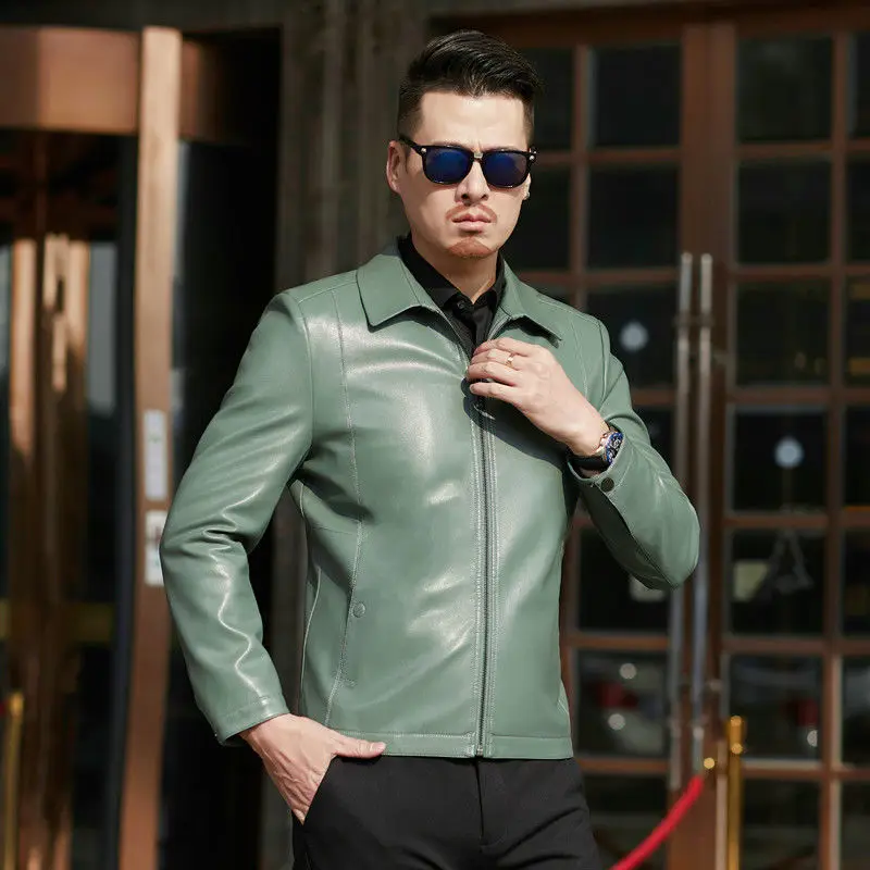 Мужская кожаная куртка с коротким отворотом коричневая Повседневная Деловая из