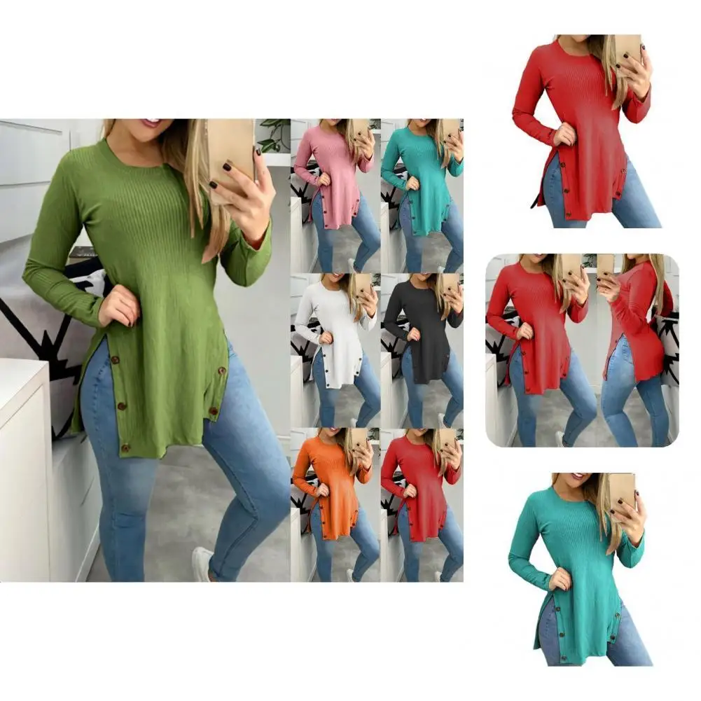 

Туника блузка хорошая эластичная мягкая текстура сплошной цвет пуговицы Декор ребристая туника Топ туника топ уличная одежда