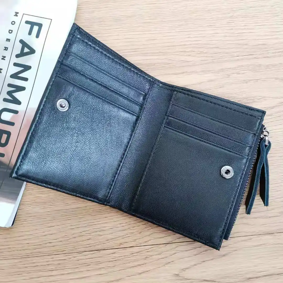 Genuine Weaved Lambskin Leather Credit Card Holder Button Folded Zippy Wallet Compact Organizer 4 Colors Option