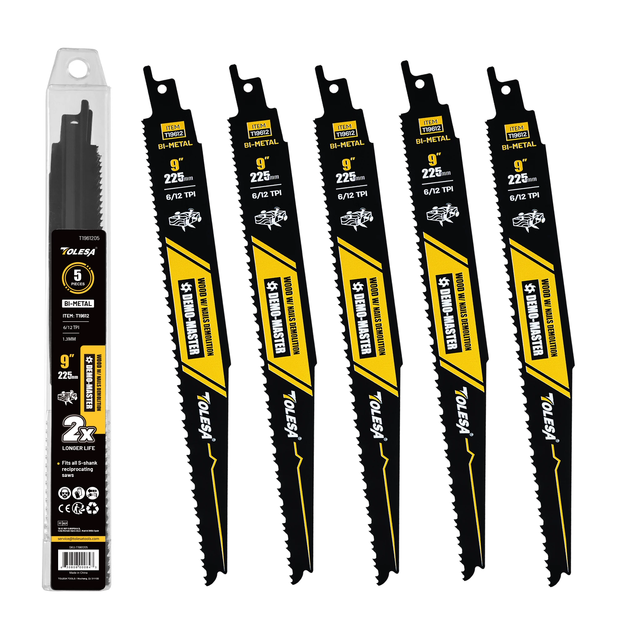 

TOLESA 9-дюймовые лезвия для сабельной пилы 6/12 TPI 5 шт. для дерева и гвоздей, демонтаж древесины, быстрое и гладкое режущее лезвие