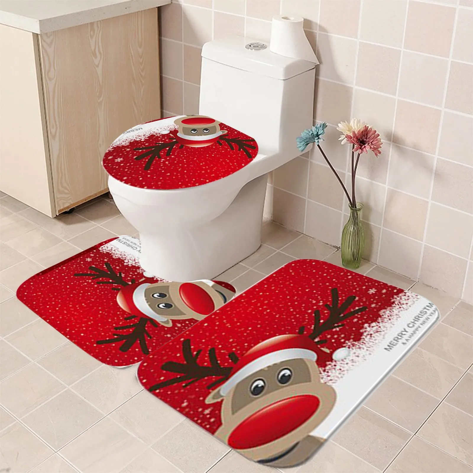 

Christmas Digital Printed Bathroom Three Piece Set Toilet Floor Mat U Shaped Floor Mat Decoration Bathroom