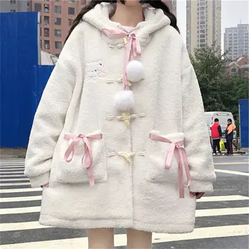 Winter Kawaii Wool Coat Women Loose Japanese Sweet Lolita Outwear Jacket Female Korean Style Pockets Warm Hoodies Overcoat 2022 1