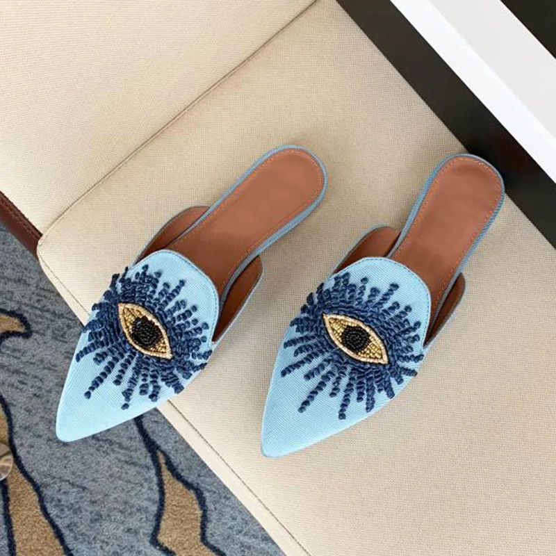 Personalized Pointed Toe Design Women's Slippers 2022 Spring And Summer Beaded Straw Cord Hand Sewn Upper Flat Muller |