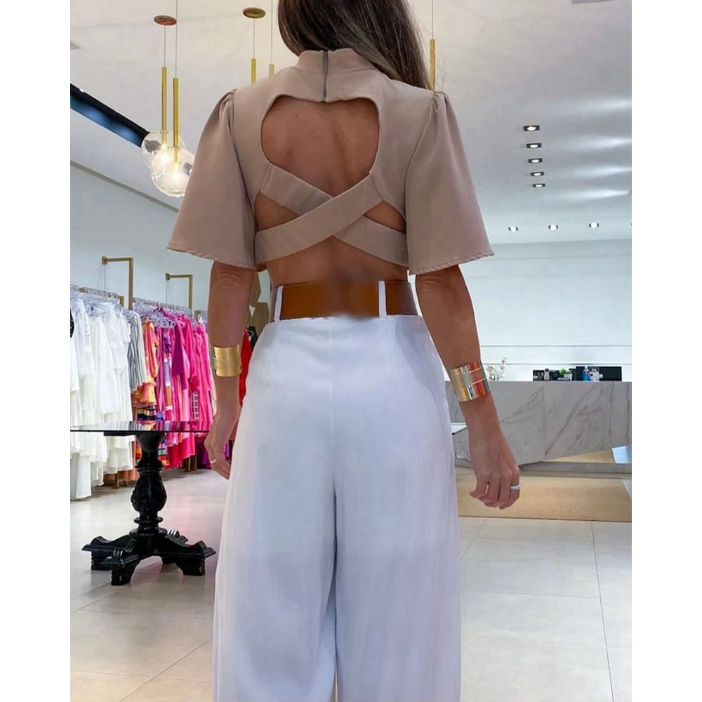 Women Summer Fashion O-neck Flying Sleeve Cisscross Backless Short Top & Wide Leg Pant Sets Casual Two Pieces Set Hip Hop Sets
