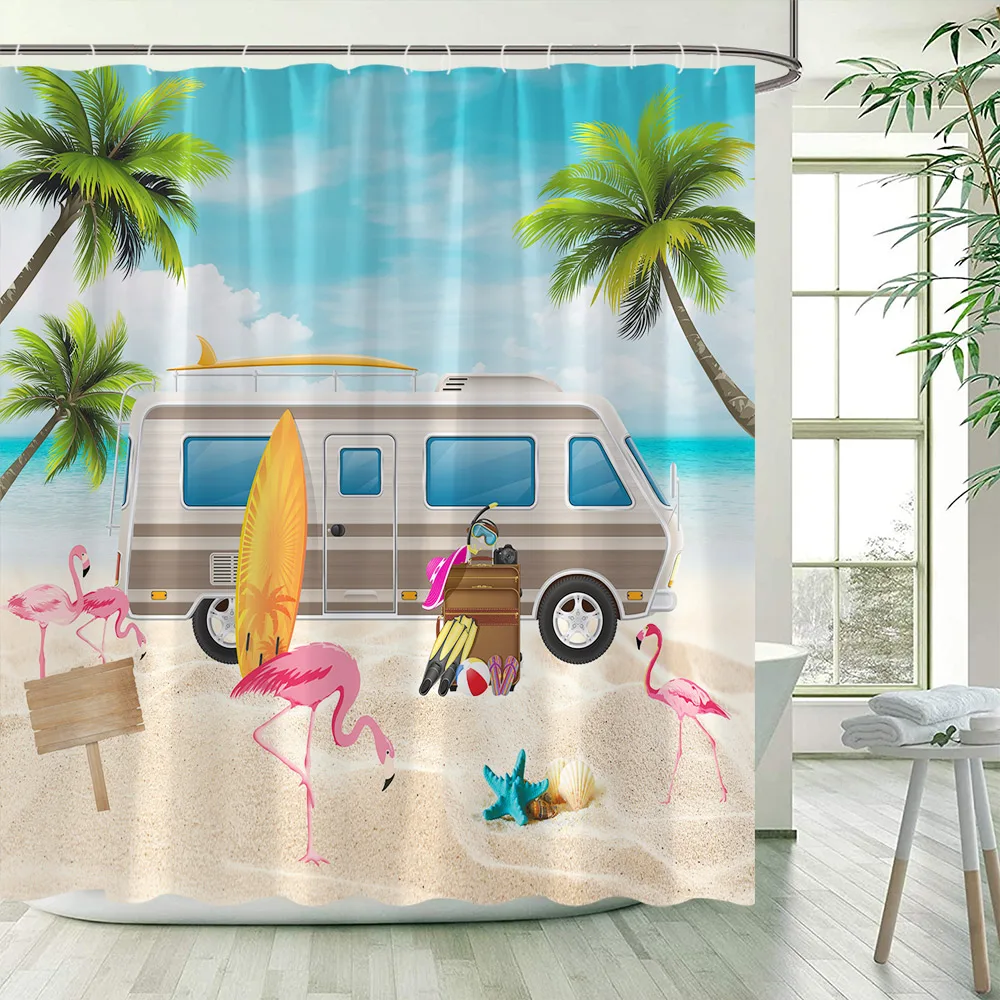 

Ocean Beach Shower Curtains Coconut Trees Flamingo Travel Bus Surfboard Hawaiian Scenery Bath Curtain Bathroom Decor with Hooks