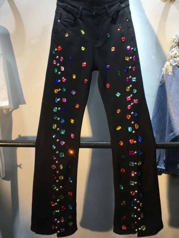 2023 Spring Summer New Exquisite Rhinestone Beaded High Waist Slim Skinny Blue Jeans Women's Slit Flare Jeans Black Jeans Female