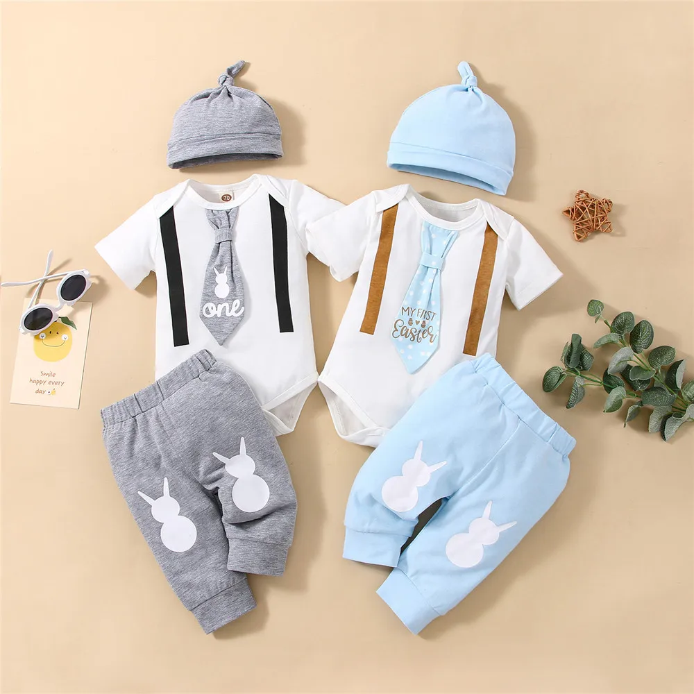 

Baby Boy Easter Clothes Set Tie Bodysuit Romper Rabbit Print Pants Beanie Hat 0-18M Newborn Infant Toddler Festival Outfits New