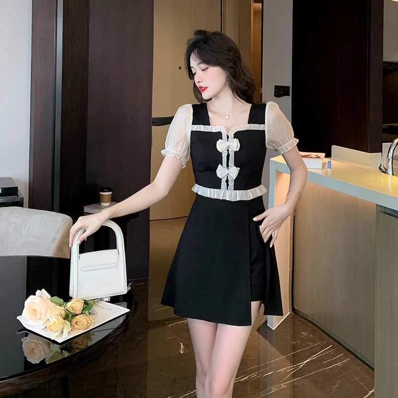 

Real Photo 2022 Summer New Temperament Bowknot Buttons Fashion Patchwork Dress and Black Shorts Suit Two-Piece Set Outfits