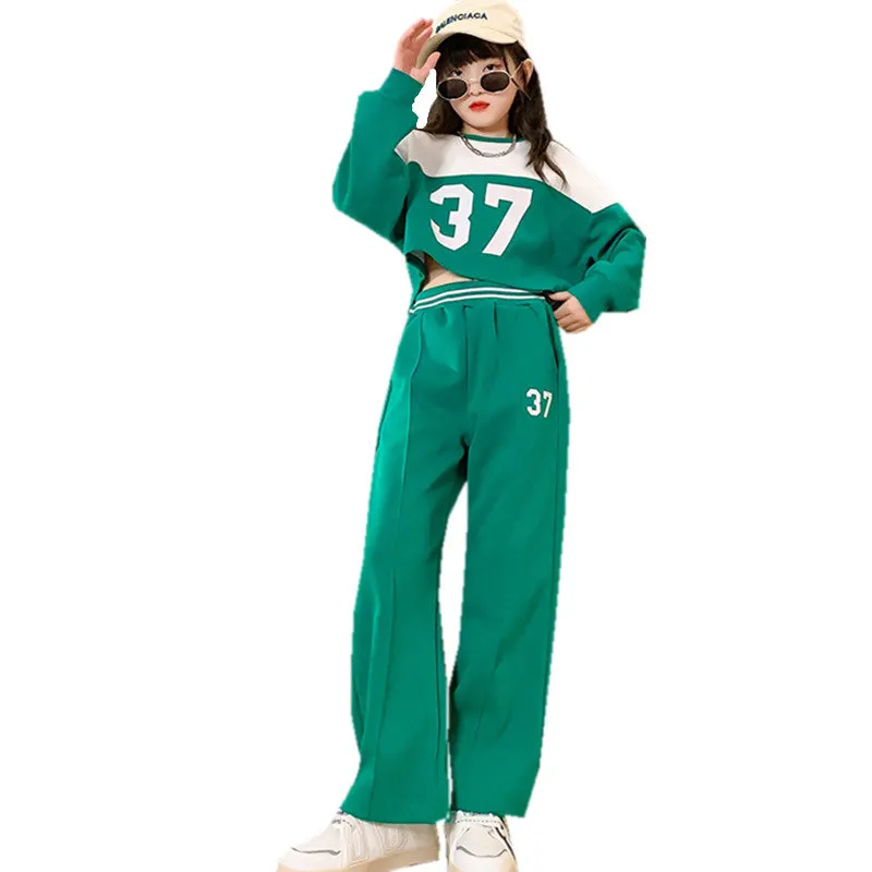 

Spring Autumn New Kids Sweatshirt+Pants Two-Piece Set Girls Patchwork Color Sports Suit Teenager Girl Streetwear Outfit 5-14Yrs