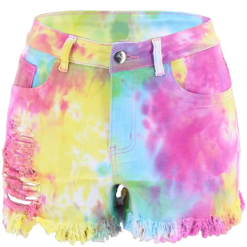 Rainbow Color Rendering Denim Shorts for Women Tie Dye Fashion Pants Slim High Street Sofy and Comfortable Jeans Free Shipping