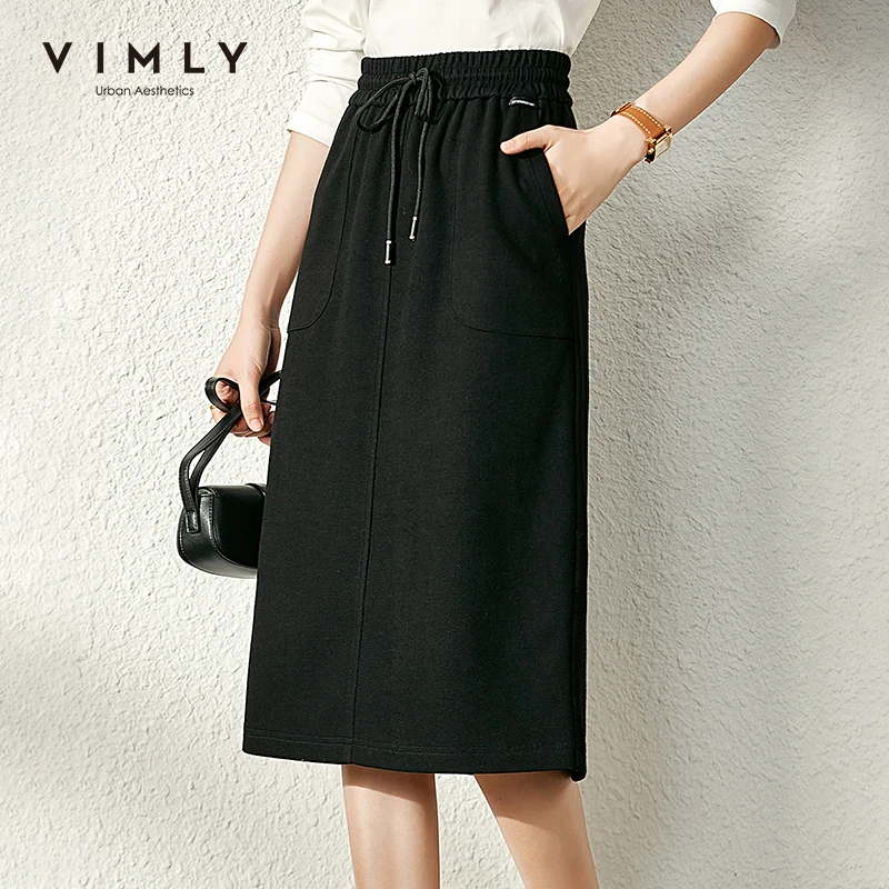 

Vimly 2022 Spring Midi Skirt for Women Fashion Clothing Cotton High Waist Slim Elegant Faldas Ladies Black Skirts Faldas V1072