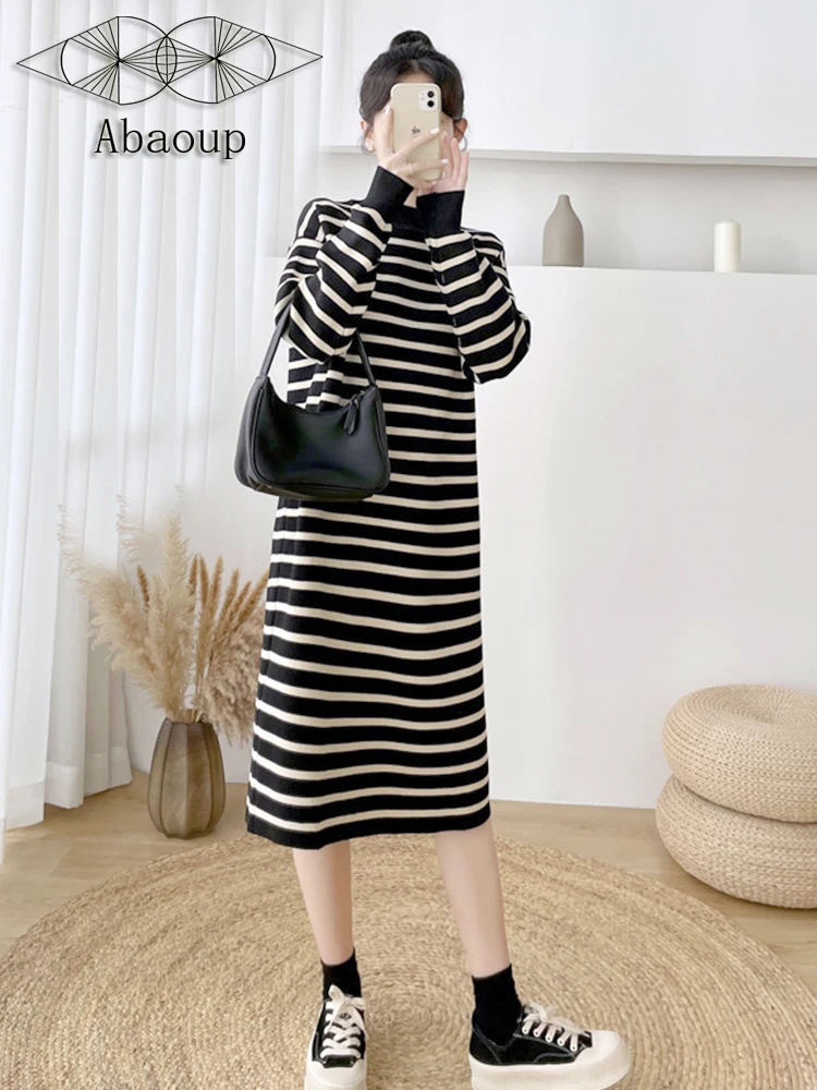 

Женское Трикотажное Платье До Колена, модная прямая юбка с длинным рукавом и высоким воротником, свободного покроя, черного, абрикосового, б...