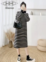Women's Dress Knitted Knee-Length Half High Collar Loose Waist Black Apricot White Stripe Long Sleeve Straight Skirt Fashion
