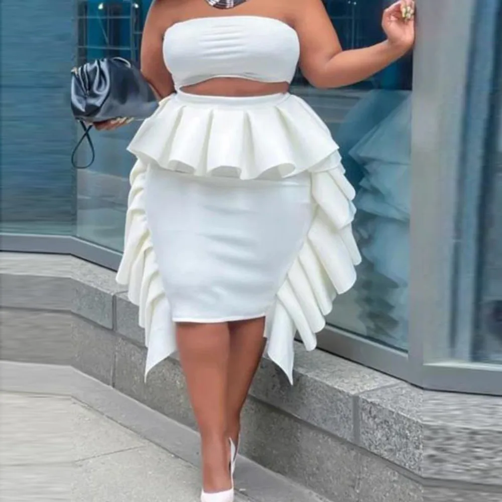 Plus Size Large Women's Dress Autumn White Temperament Commuter Bra Skirt Two Piece Set Solid Color Suit