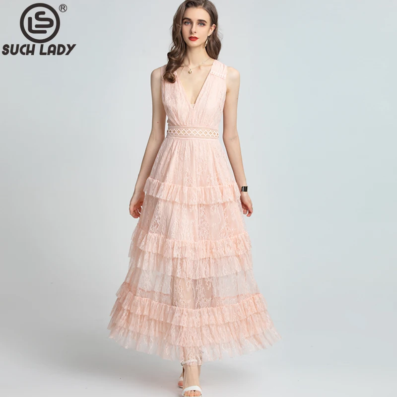 Women's Runway Dresses Sexy V Neck Sleeveless Embroidery Tiered Hollow Out Elegant Long Party Prom Gown