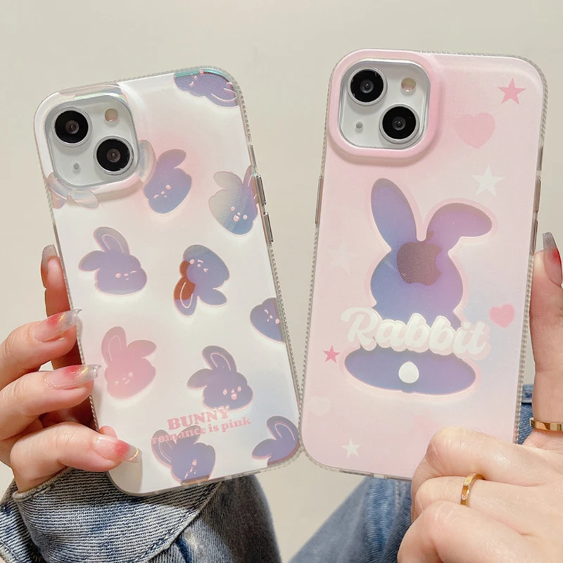 

Lovely Pink Rabbit Case For iPhone 13 11 12 14 Pro Max 14 Plus Cute Bunny Laser Phone Cover Capa