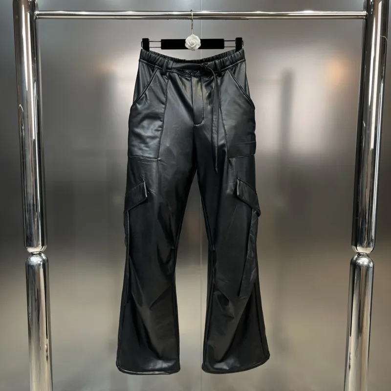 

BORVEMAYS Autumn Stretch Drawstring High Waist Solid Color All-match Pockets Fashion Trend Women PU Leather Straight-leg Pants