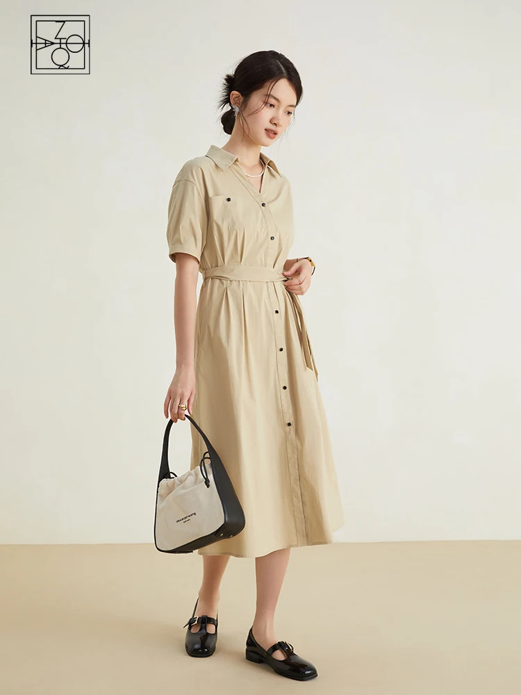 ZIQIAO French Style Commuting Sense V-neck Waist Shirt Dress for Female Temperament High-end A-line Long Dress Women Summer New