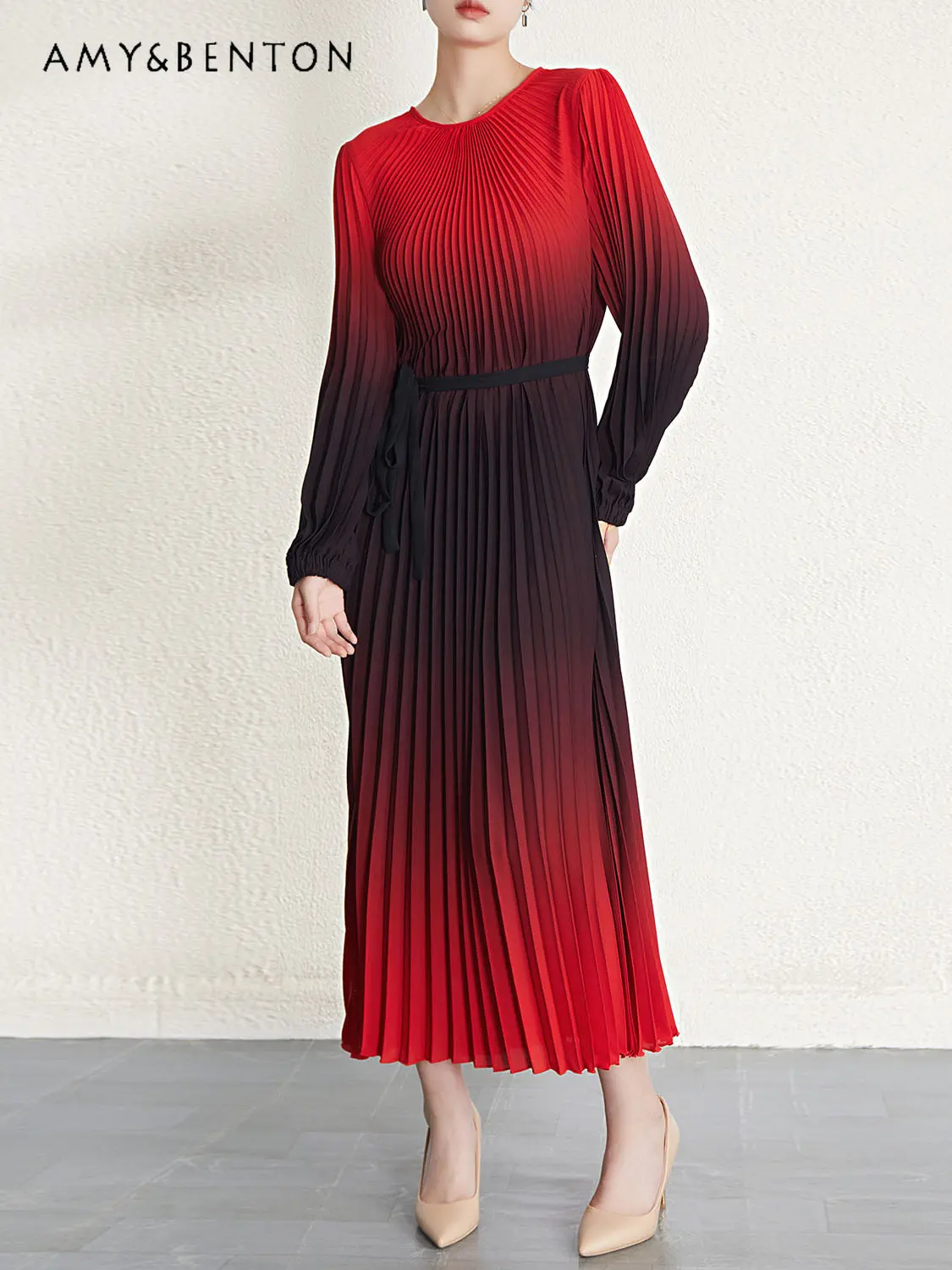 

Модное градиентное платье во французском стиле, Женская весенняя одежда, плиссированное платье с высокой талией и высокой талией