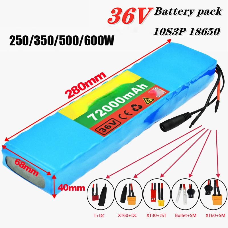 

Аккумулятор для электровелосипеда 10S3P, 36 В, 72 Ач, литий-ионные аккумуляторы 18650, 350 Вт, 500 Вт для электрического скутера, мотоцикла, скутера выс...