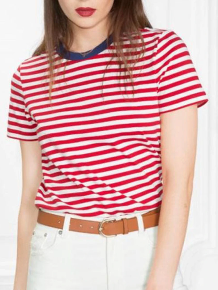 Лоскутная полосатая футболка хлопковая с круглым вырезом летние женские