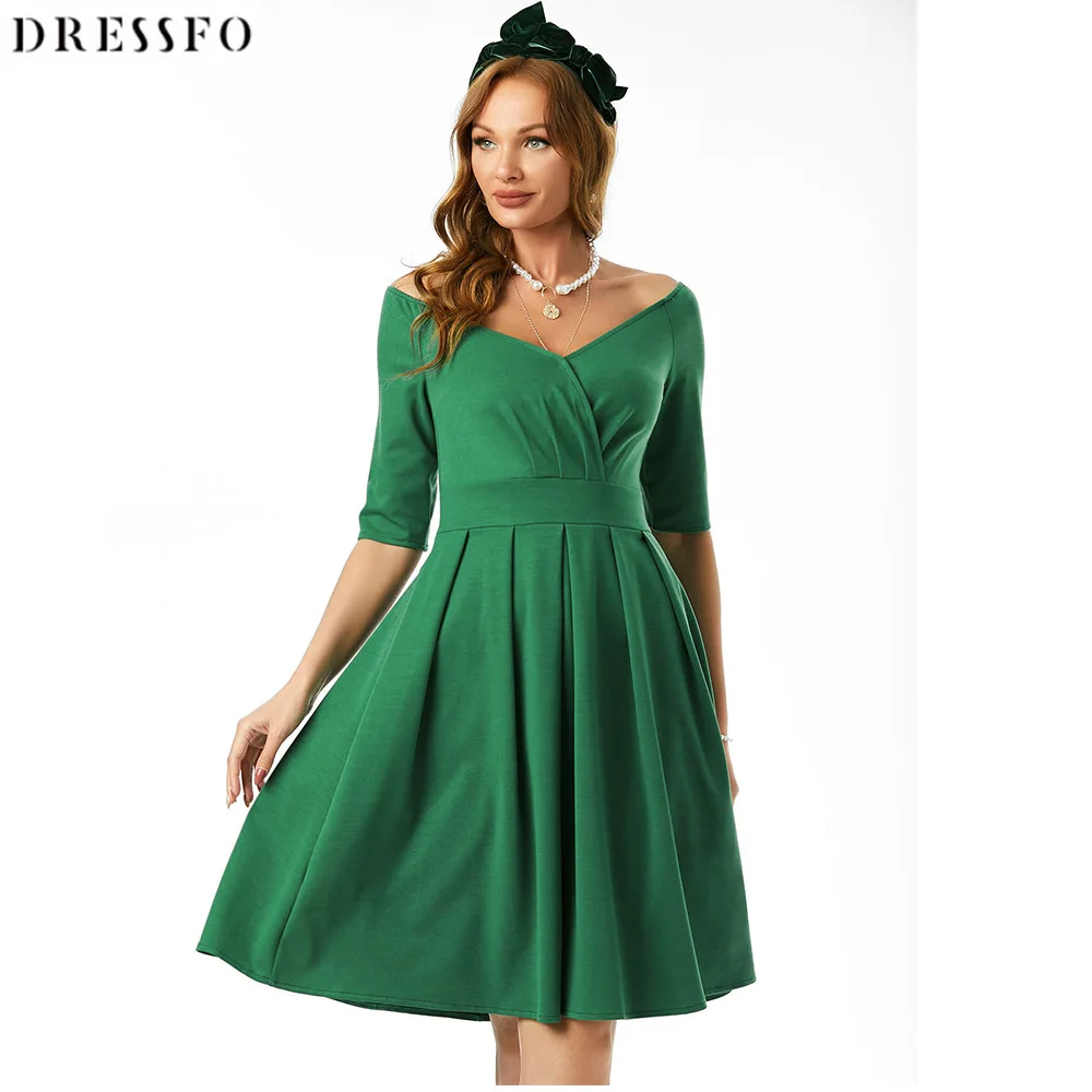 

Dressfo Women Dress Raglan Sleeve Off Shoulder Surplice Ruched A Line Dress Knee Length Elegant Wedding Guest Dark Green Dress