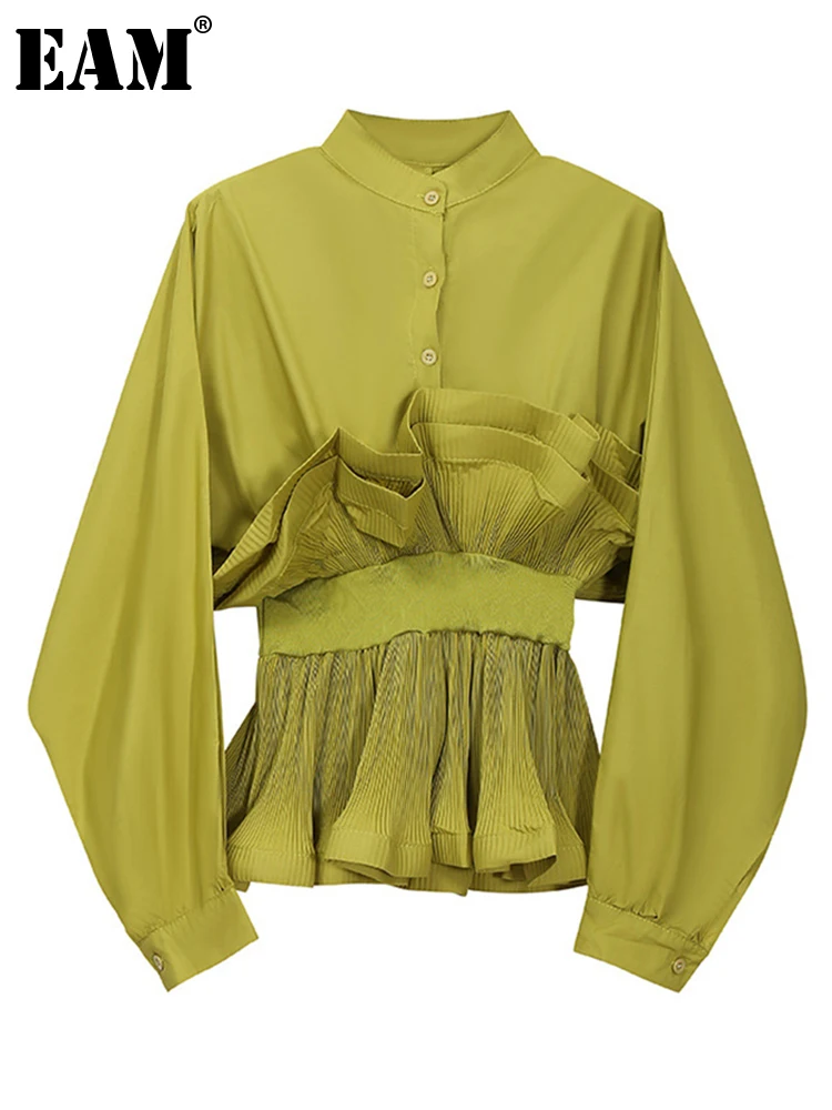 

[EAM] Women Green Pleated Vintage Blouse New Stand Collar Long Sleeve Loose Fit Shirt Fashion Tide Spring Summer 2022 1DE0250