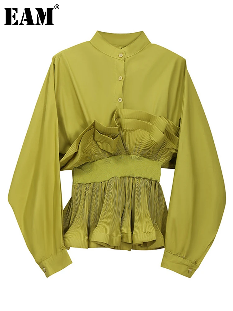 [EAM] женская зеленая плиссированная винтажная блузка новая свободная рубашка с
