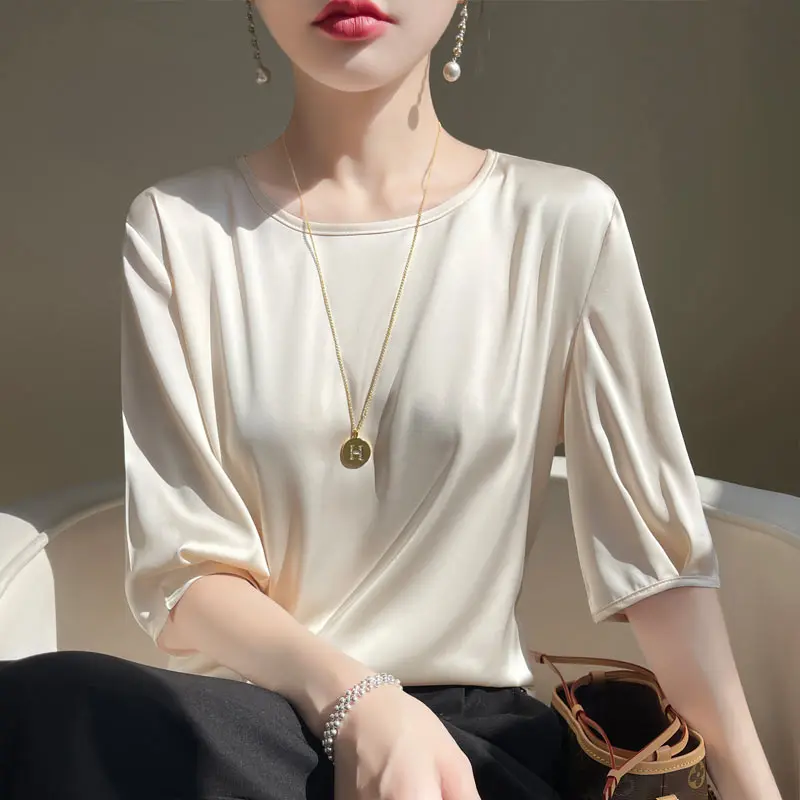 

Женская футболка с круглым вырезом MVLYFLRT, модный Шелковый Атласный топ с рукавом 5/4, однотонный Тонкий Свободный Топ, для лета