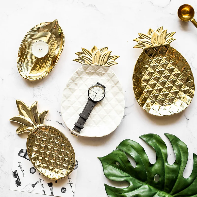 

Ceramic Pineapple Leaves Jewelry Dish Gold Silver White Black Earrings Ring Decorative Plate Dessert Tray Bowls