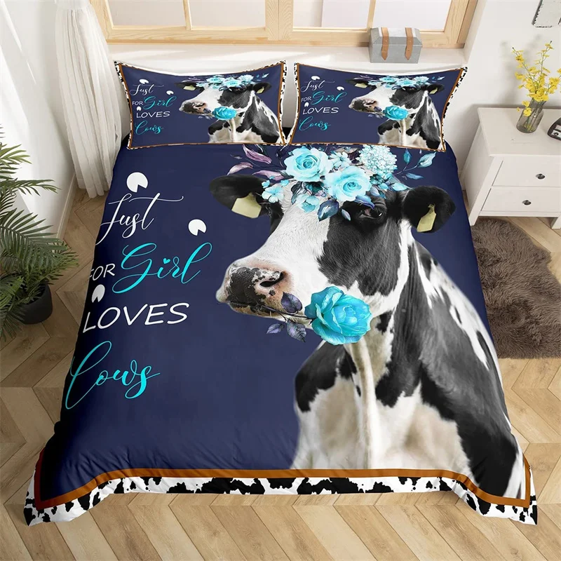 3D Western Farmhouse Animal Microfiber Cow Duvet Cover KingBedding Set Leopard Cow Skin Fur Floral Print Comforter Cover