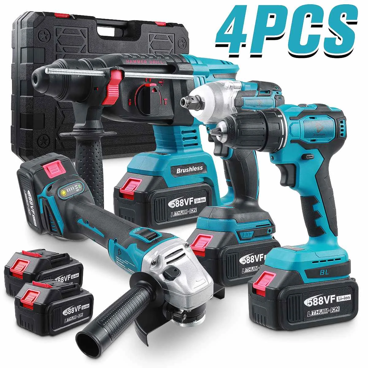 

4 In 1 588Vf Multifunction Electric Tool Set Electric Wrench/Electric Drill/Rotary Hammer/125mm Angle Grinder For Battery