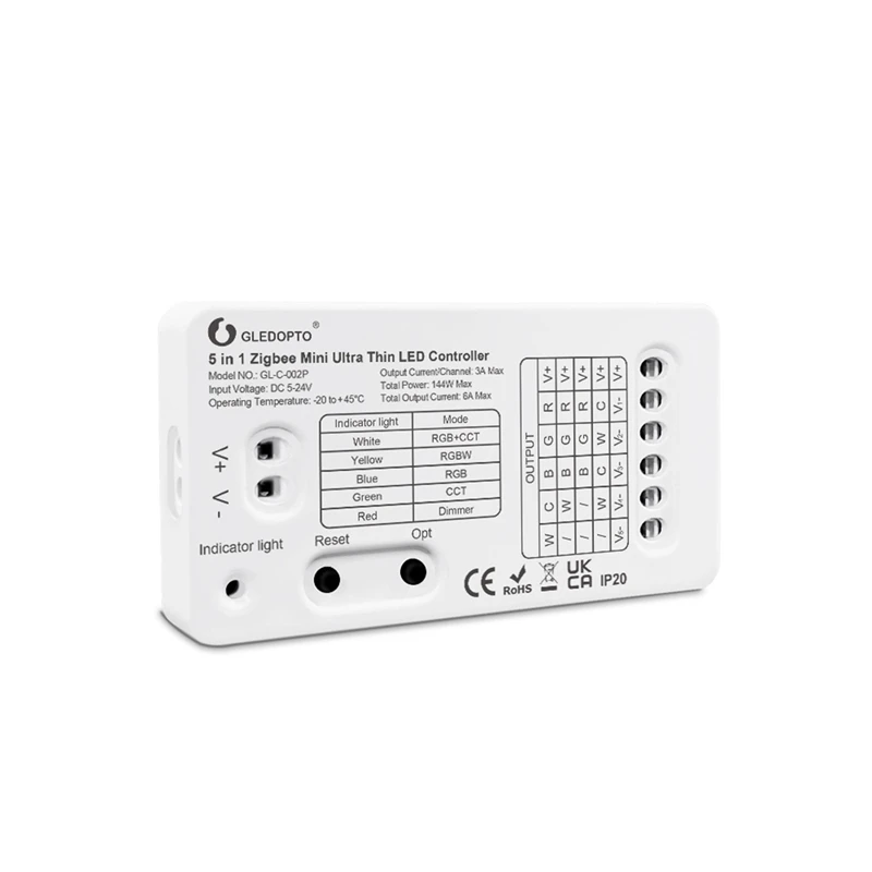 

GLEDOPTO Zigbee3.0 Low Voltage Dimmer 5-24V Mini 5-In-1 Light Strip Controller RGB RGBCCT