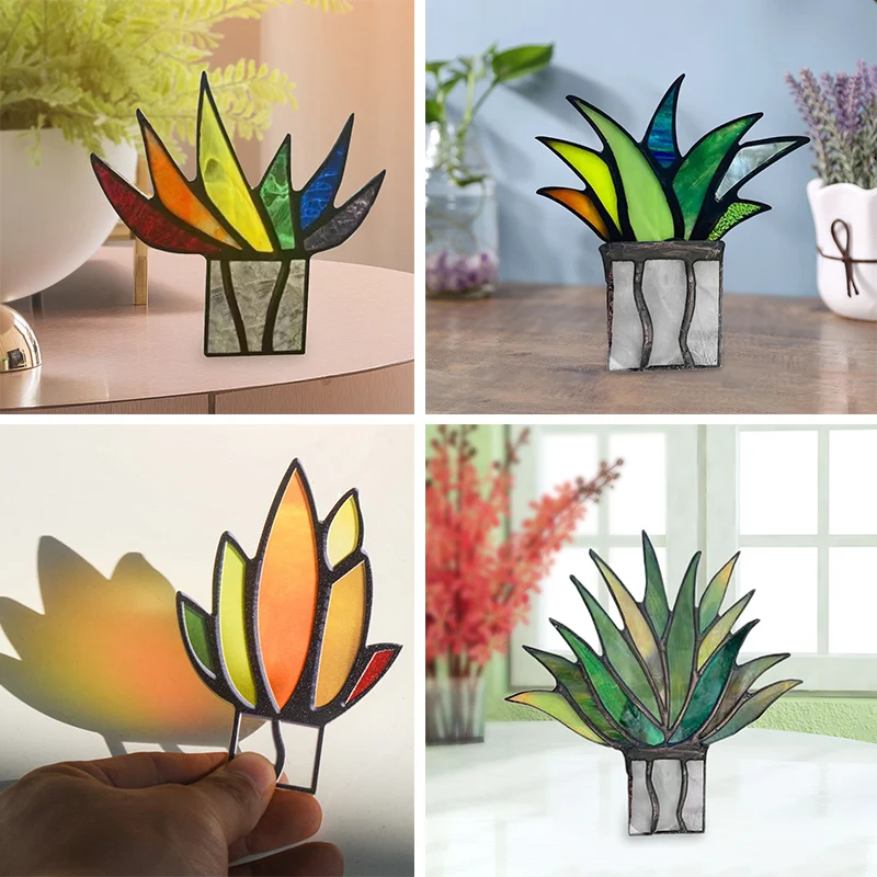 

Creative Mini Acrylic Aloe Potted Plant Stained Glass Colorful Artificial Fake Agave Home Garden Decoration Ornament Garden