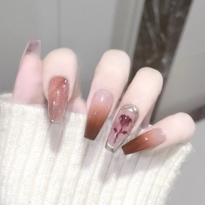 

24Pcs Rose Wearing Fake Nails Tips Halo Dyes Long Ballet Full Cover Artificial False Nails Press On Nail Art Gradient Nails Glue
