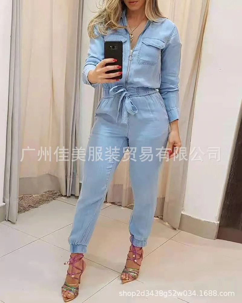 

Blue Zipper One-piece Pants for Women 2022 Spring Autumn New Long Sleeve High Waist Lace Up Jumpsuits