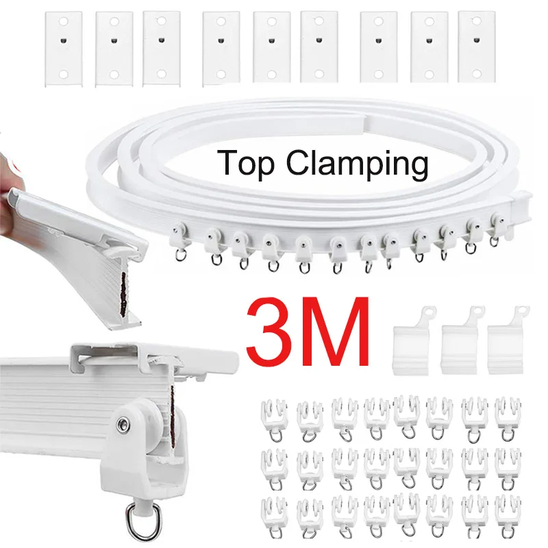 

3M Curved Curtain Track Rail Top Clamping Flexible Ceiling Mounted Straight Windows Balcony Curtain Pole Accessories