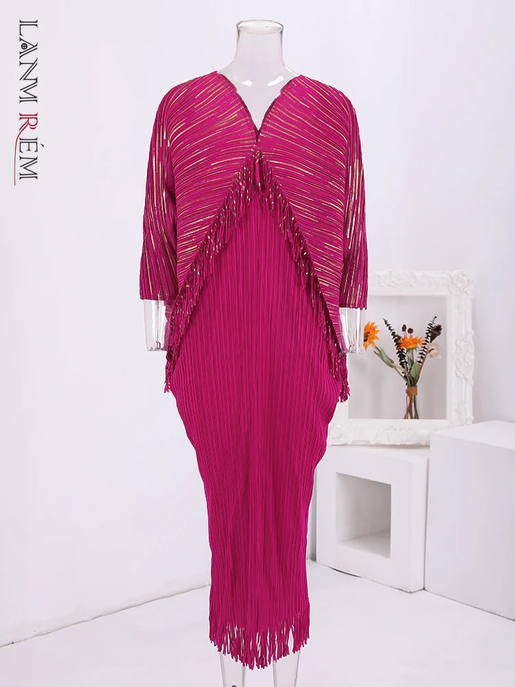

LANMREM Sequins Tassel Design Party Long Dresses V Neck Batwing Sleeves Fashion Dresses Elegant 2024 Spring New Clothing 32A441